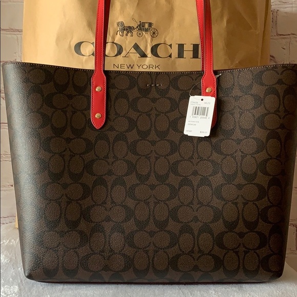 NWT coach signature town tote BROWN/red - Picture 3 of 8